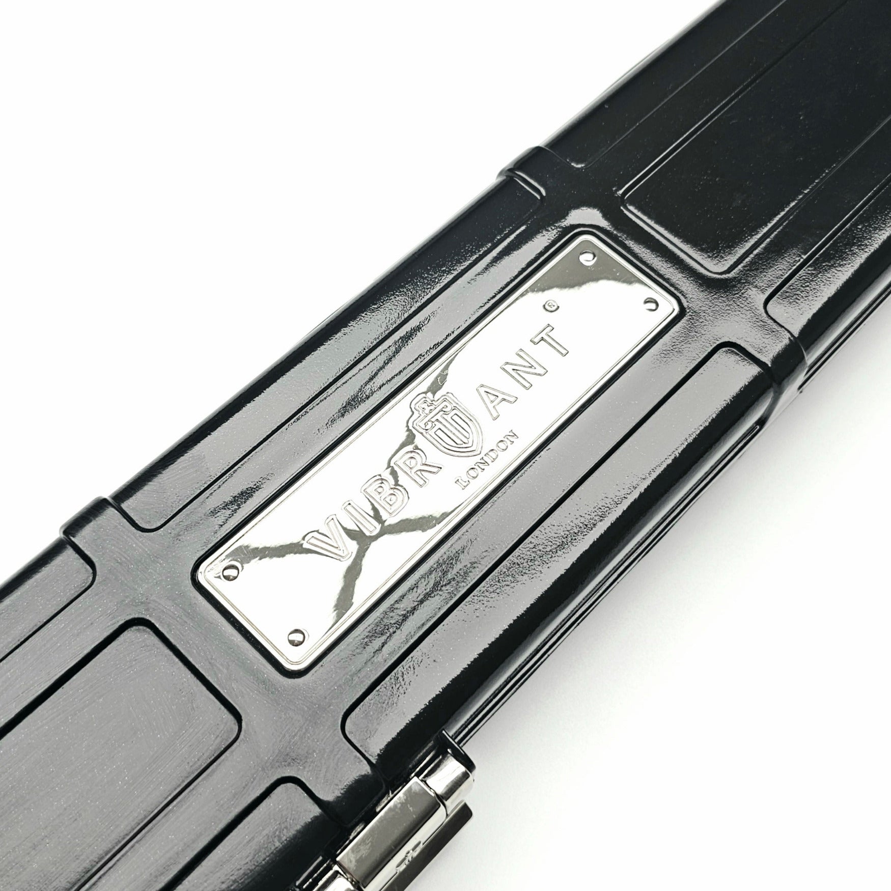 Premium Cues x Vibrant Multifunctional Black One Piece Cue Case - Outside Vibrant Logo Close Up