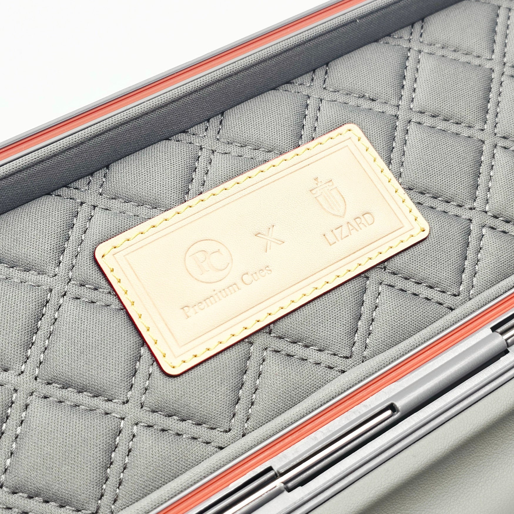 Premium Cues x Vibrant Multifunctional Grey One Piece Cue Case - Interior Premium Cues x Vibrant Logo close up view
