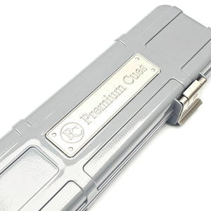 Premium Cues x Vibrant Multifunctional Grey One Piece Cue Case - Outside Premium Cues Logo Close Up