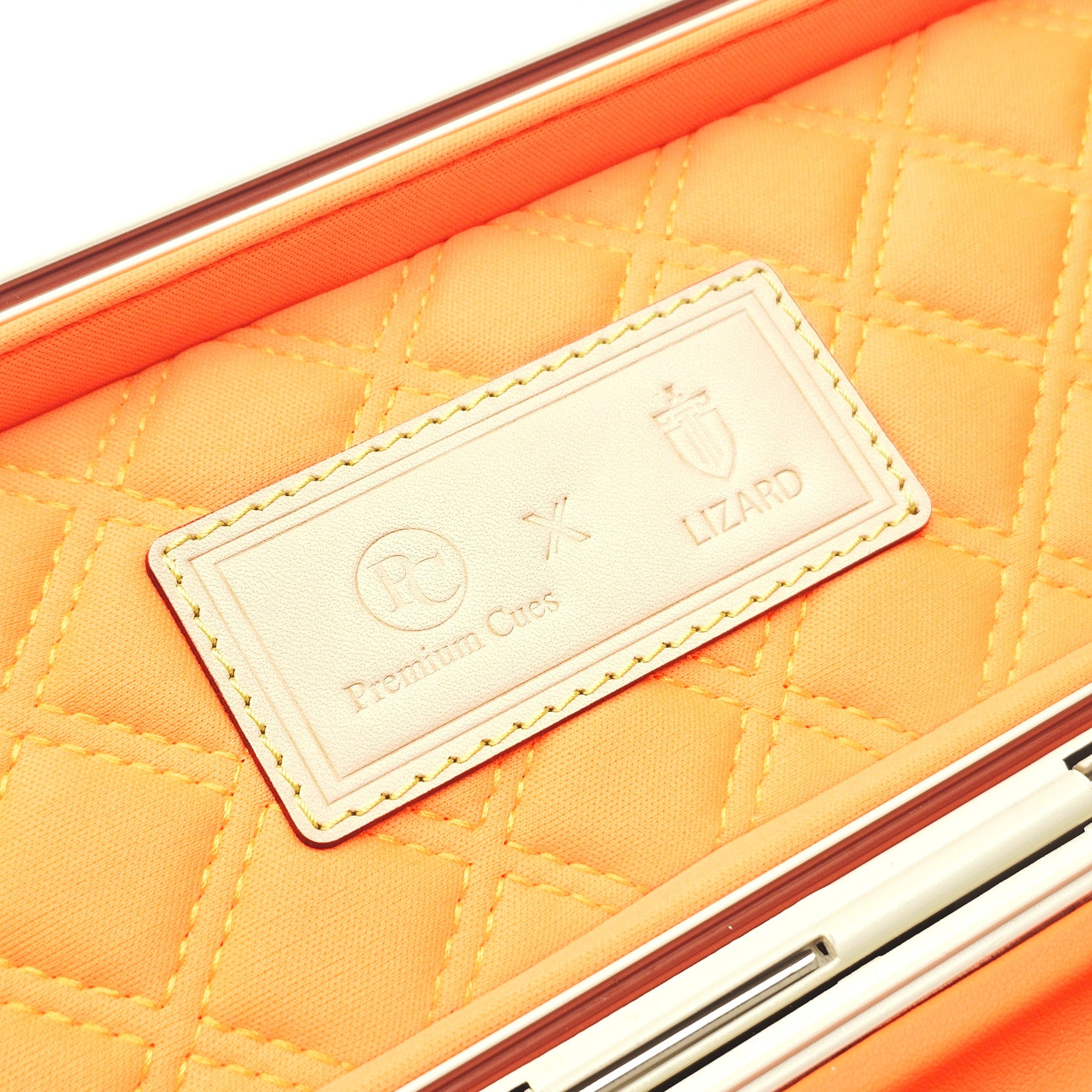Premium Cues x Vibrant Multifunctional Off-White One Piece Cue Case - Interior Premium Cues x Vibrant Logo close up view