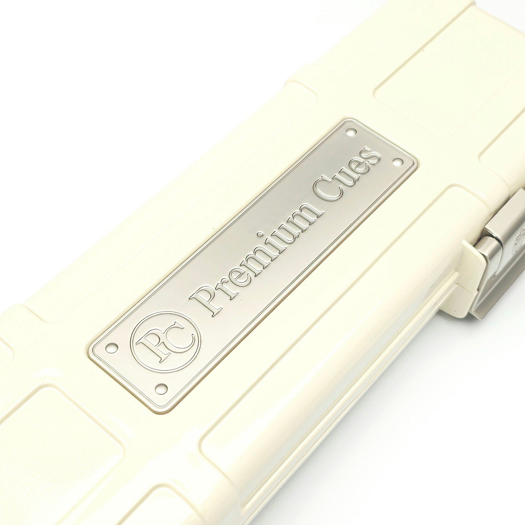 Premium Cues x Vibrant Multifunctional Off-White One Piece Cue Case - Outside Premium Cues Logo Close Up