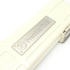 Premium Cues x Vibrant Multifunctional Off-White One Piece Cue Case - Outside Premium Cues Logo Close Up