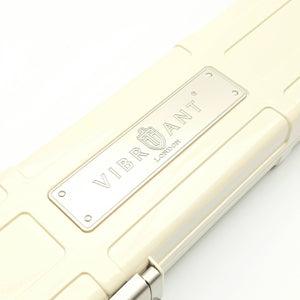 Premium Cues x Vibrant Multifunctional Off-White One Piece Cue Case - Outside Vibrant Logo Close Up
