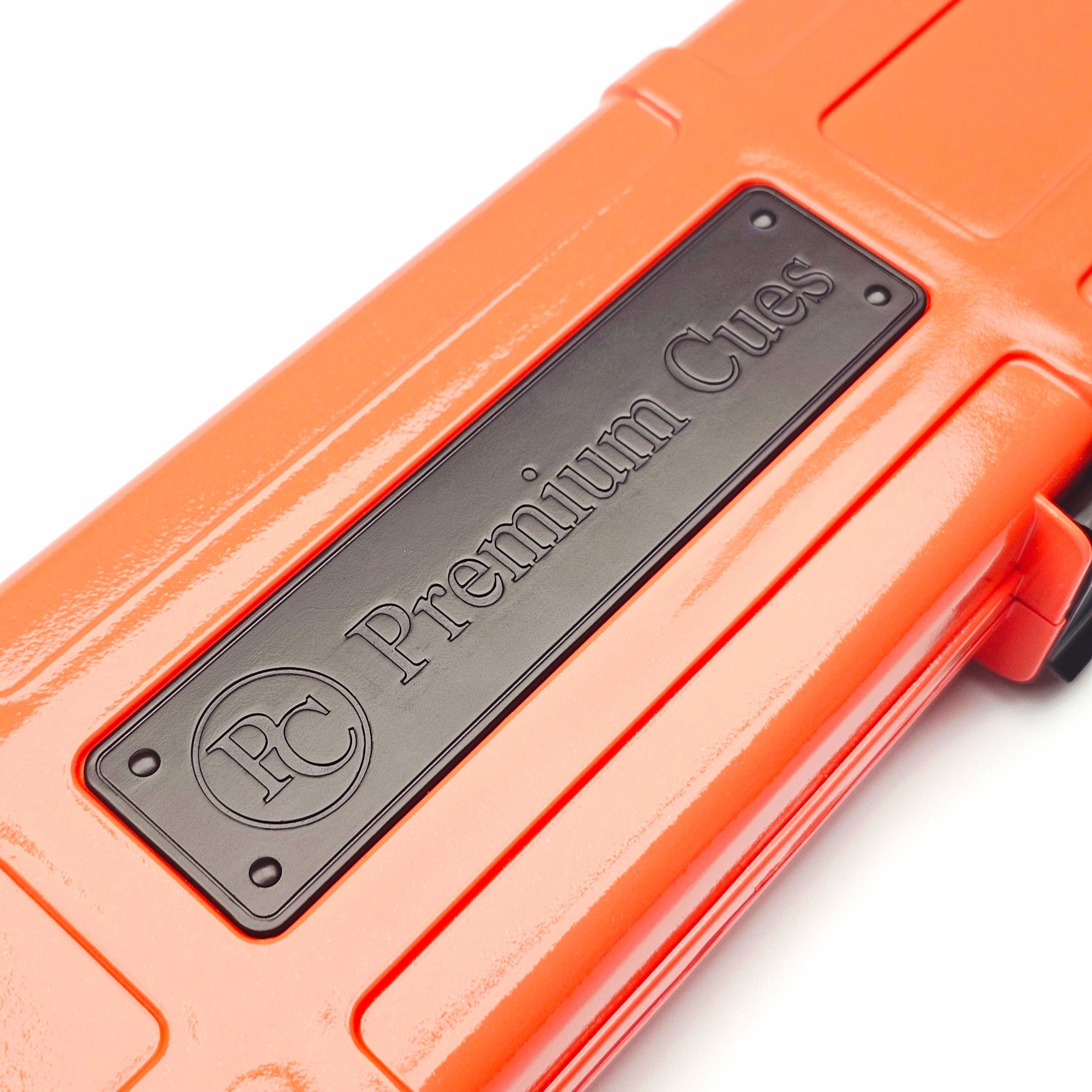 Premium Cues x Vibrant Multifunctional Orange One Piece Cue Case - Outside Premium Cues Logo Close Up