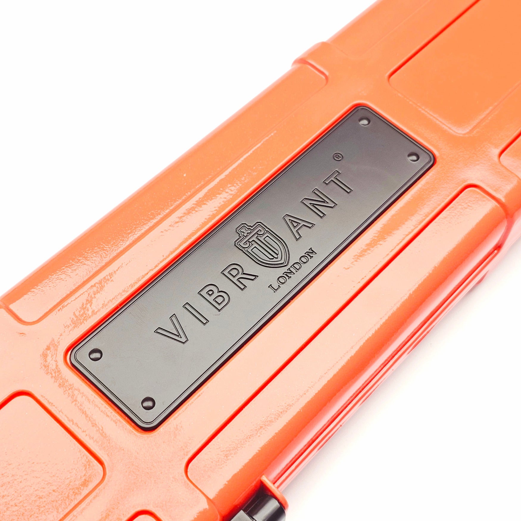 Premium Cues x Vibrant Multifunctional Orange One Piece Cue Case - Outside Vibrant Logo Close Up