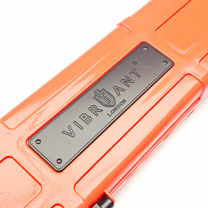 Premium Cues x Vibrant Multifunctional Orange One Piece Cue Case - Outside Vibrant Logo Close Up