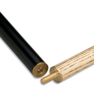 Close-up of Cannon Shadow Two Piece Cue brass joint, showcasing the durable screw connection between the Ash shaft and black butt.