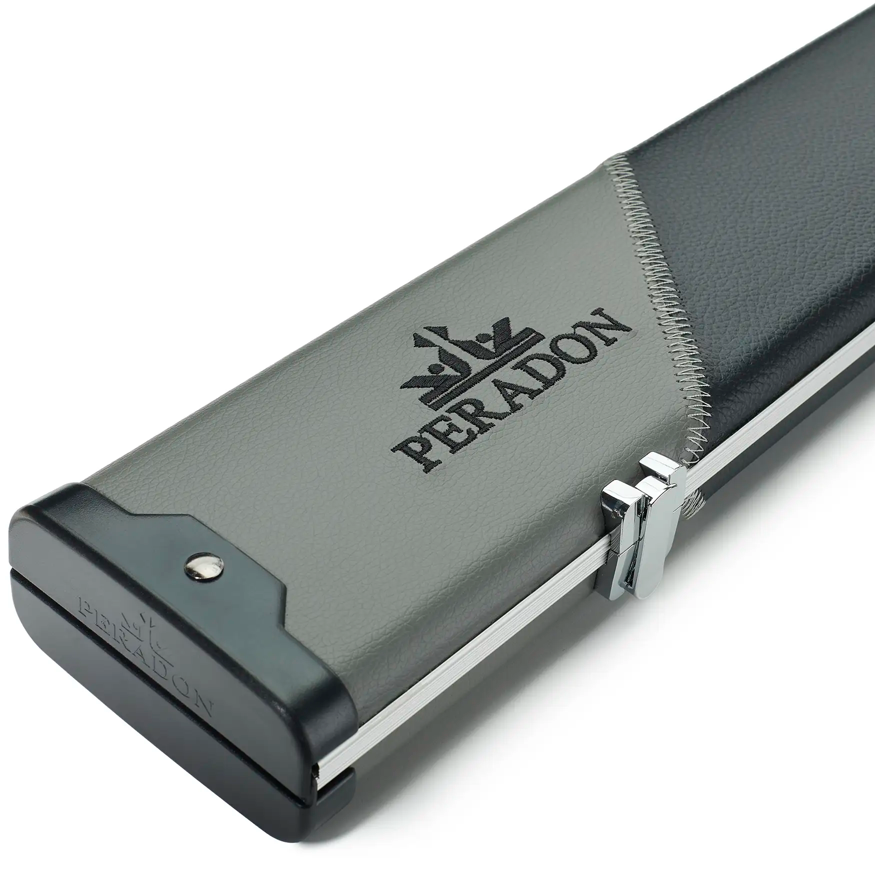 S2676-GRYBLASTR_Peradon Grey & Black Stripe Halo Plus 3/4 Cue Case end closed logo view