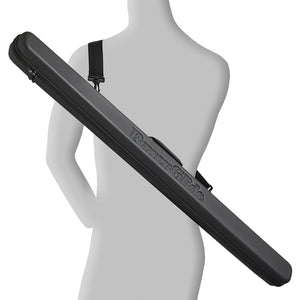 Manequin view of PowerGlide 3/4 cue case in black, tough surface with full zip. Also comes with  hands free strap
