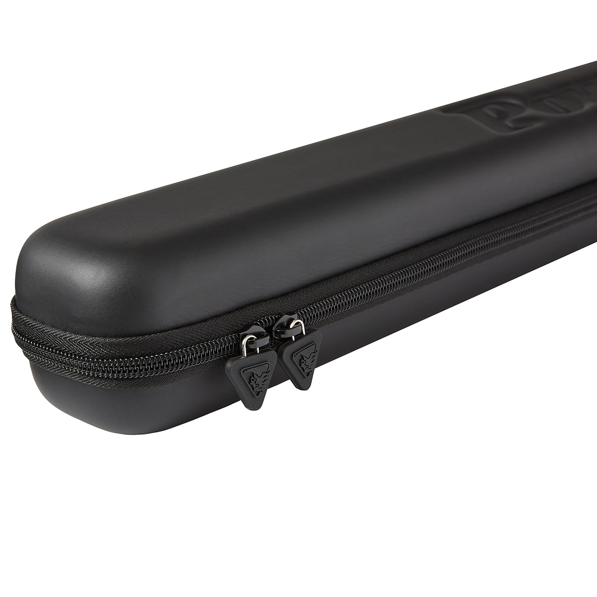 PowerGlide 3/4 cue case in black, closed end view with lots of room for cue and accesories. Also comes with  hands free strap