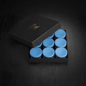 Box of 9 Taom V10 Blue Chalk pieces in luxury black packaging, high-performance billiard cue chalk designed for professionals and enthusiasts.