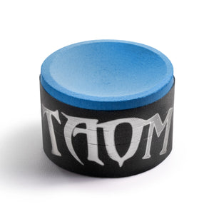 Close-up of Taom V10 Blue Chalk featuring TAOM branding, premium cue chalk for snooker and pool with superior control and minimal residue.