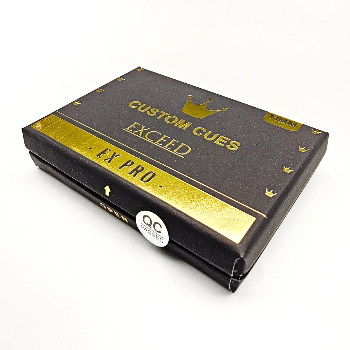 Triple Crown EXCEED-PRO Black Pressed Tip packaging by Custom Cues, featuring gold branding on a sleek black box for professional cue sports.