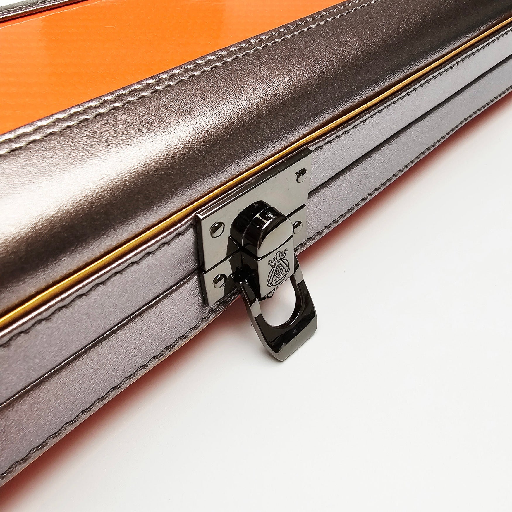 Vibrant Carbon 3 Channel Orange One Piece Cue Case - Clasp open view