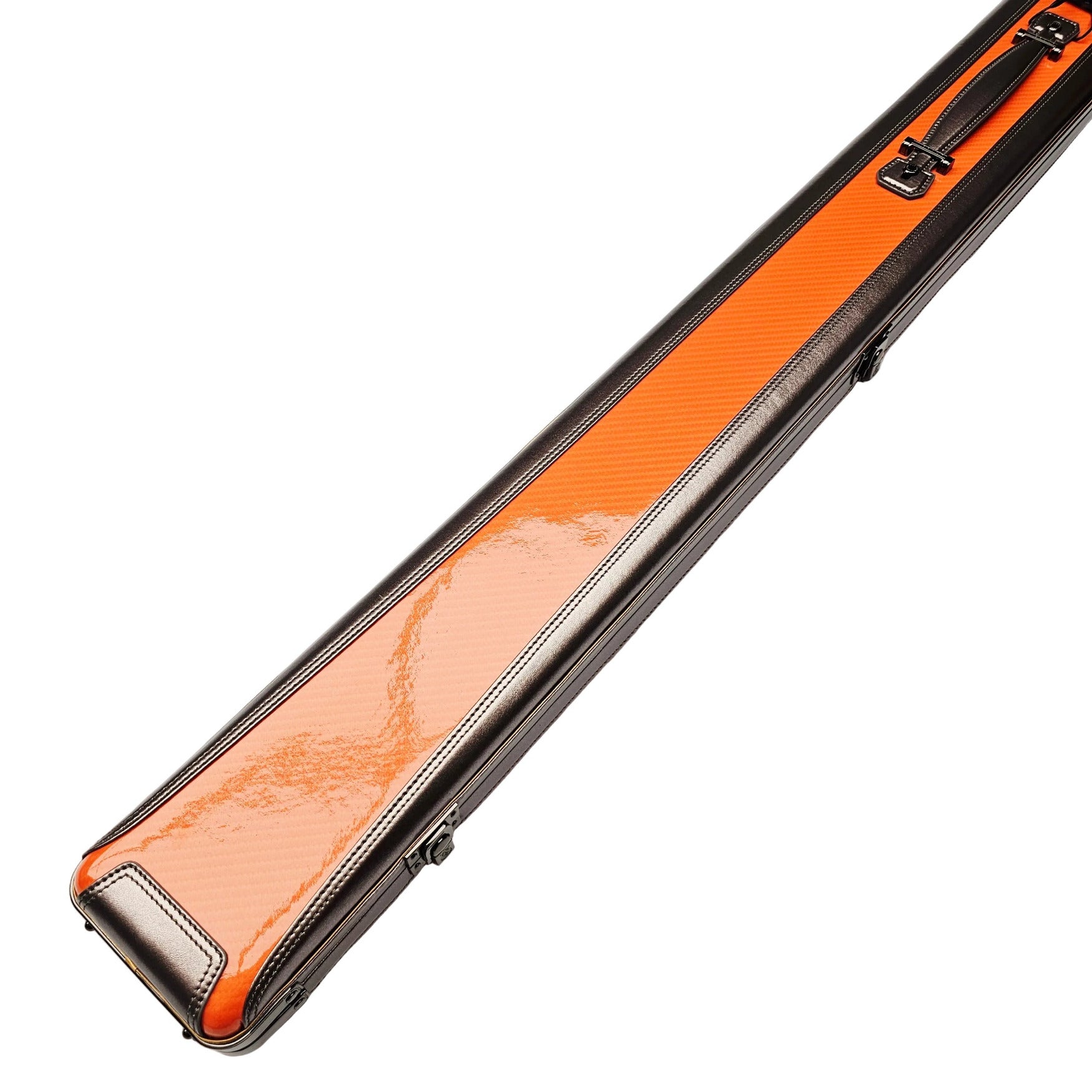 Vibrant Carbon 3 Channel Orange One Piece Cue Case - Outside close up view
