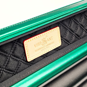 Vibrant Carbon Black/Green One Piece Cue Case - Interior Vibrant Logo close up view