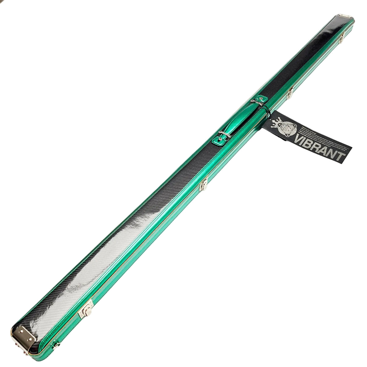 Vibrant Carbon Black/Green One Piece Cue Case - Outside on angle view