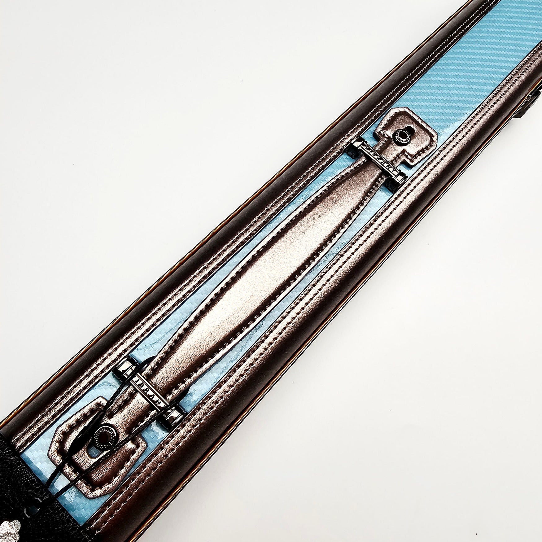 Vibrant Carbon Blue One Piece Cue Case - Handle close up view