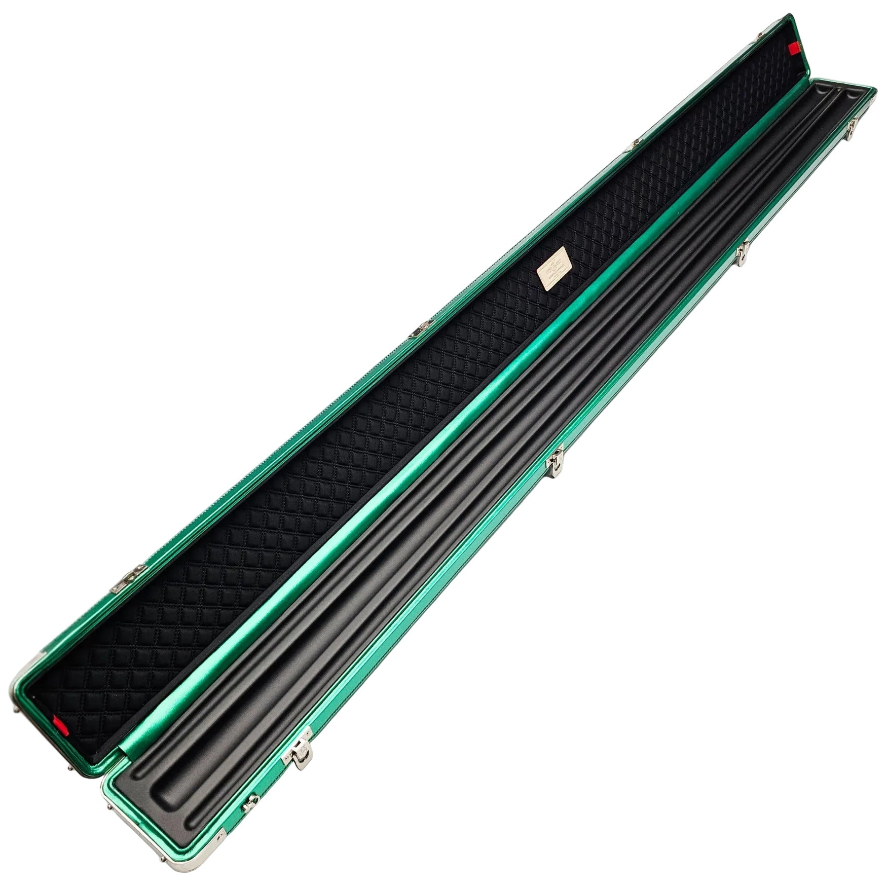 Vibrant Carbon Series 3 Channel Black/Green One Piece Cue Case - Inside on angle view