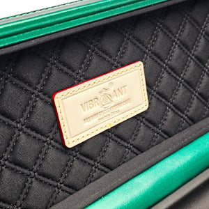 Vibrant Carbon Series 3 Channel Black/Green One Piece Cue Case - Interior Vibrant Logo close up view