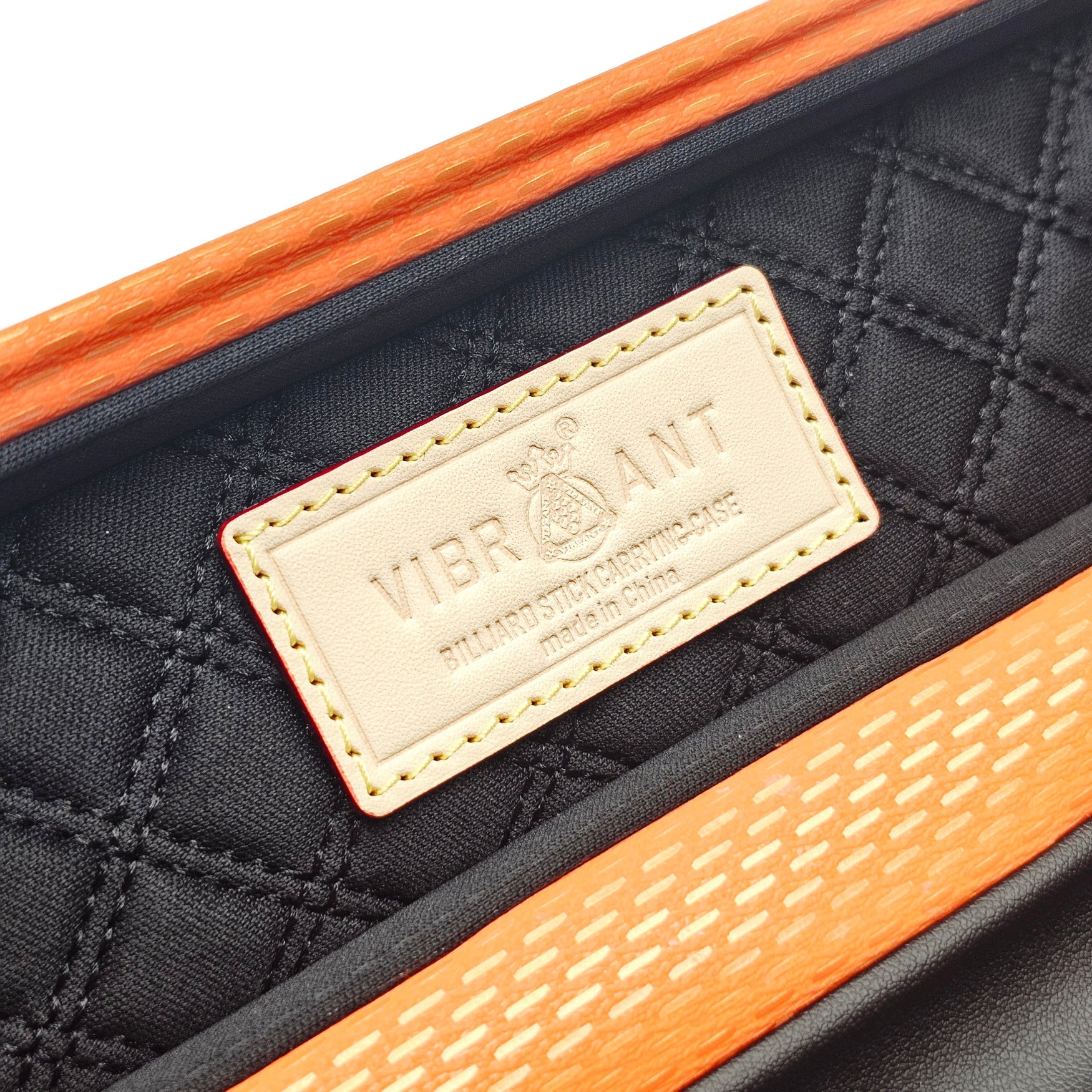 Vibrant Meteor Shower Orange One Piece Cue Case - Interior Vibrant Logo close up view