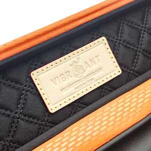 Vibrant Meteor Shower Orange One Piece Cue Case - Interior Vibrant Logo close up view