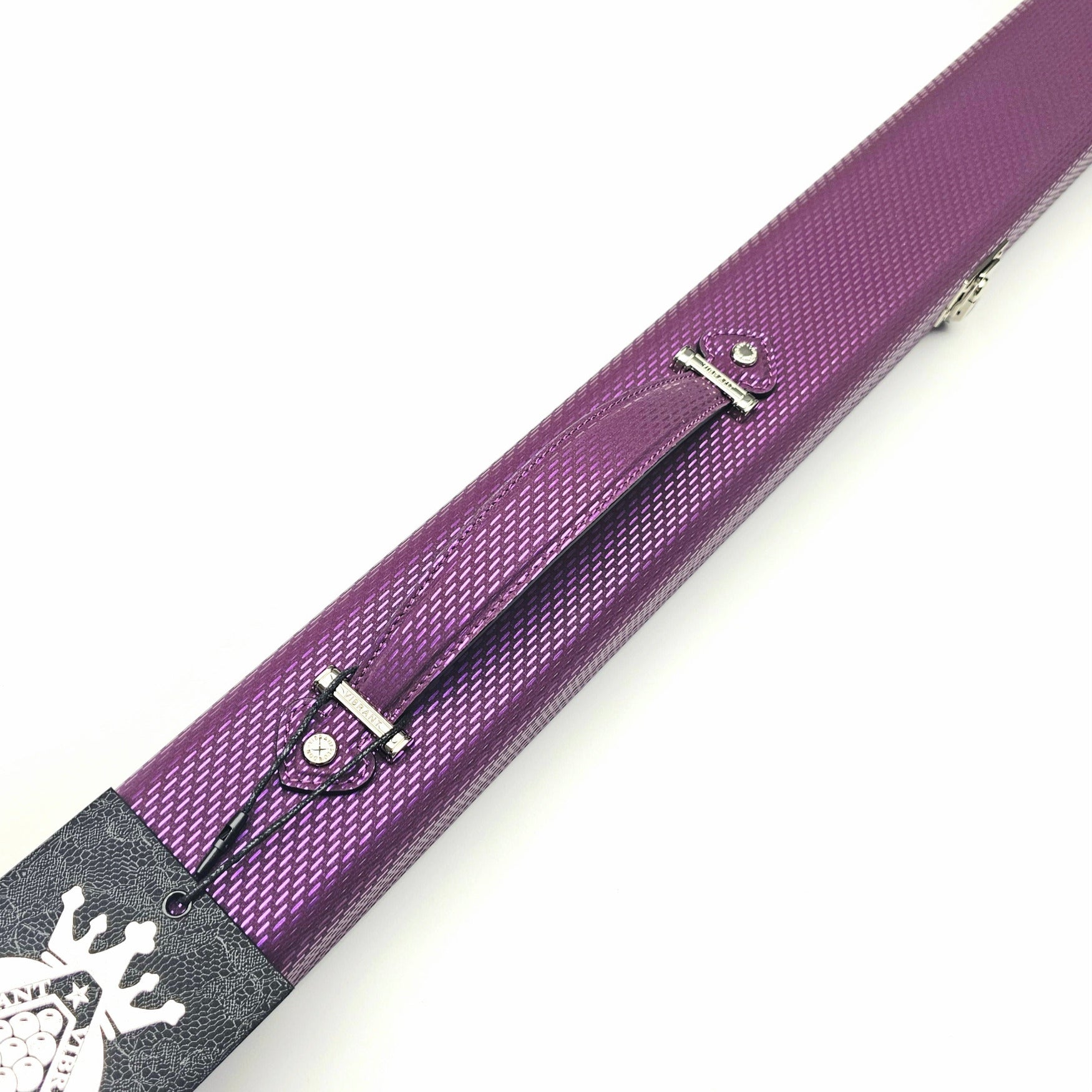 Vibrant Meteor Shower Purple One Piece Cue Case - Handle close up view