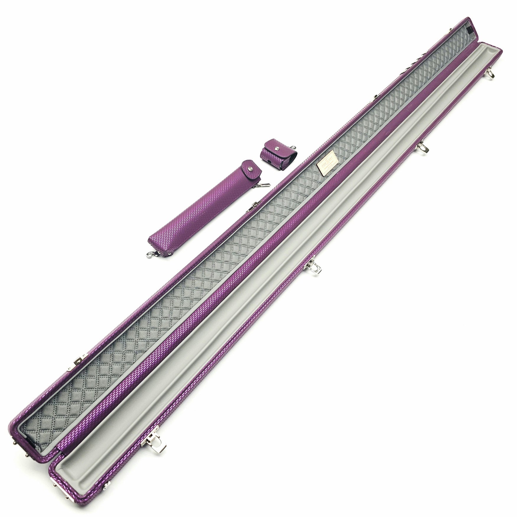 Vibrant Meteor Shower Purple One Piece Cue Case - Inside on angle view