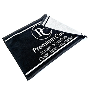 Premium Cues Luxury Traditional Cue Towel showing soft grey cotton underside and black branded front, perfect cue accessory for snooker and pool players.