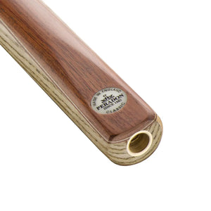 Close-up of Peradon Classic Two Piece Snooker Cue butt with engraved Peradon logo, highlighting English craftsmanship and Bubinga wood finish.