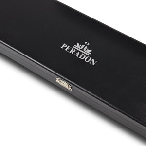 Close-up of Peradon logo on the Black Attache Plus Two Piece Cue Case, highlighting premium branding and durable case finish.