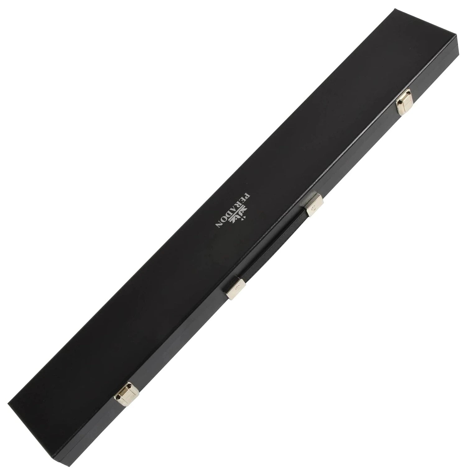Peradon Black Attache Plus Two Piece Cue Case with sleek black exterior, chrome latches, and sturdy handle for secure cue transport.