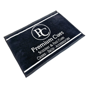 Premium Cues Luxury Traditional Cue Towel in black with white logo and text, ideal for cleaning billiard cues. Made from 100% cotton for durability.