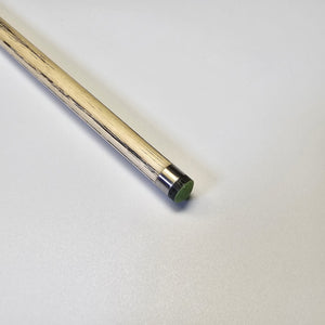Close-up of Premium Cues ICON No.002 tip and ferrule, featuring a green cue tip and polished metal ring for enhanced cue ball contact.