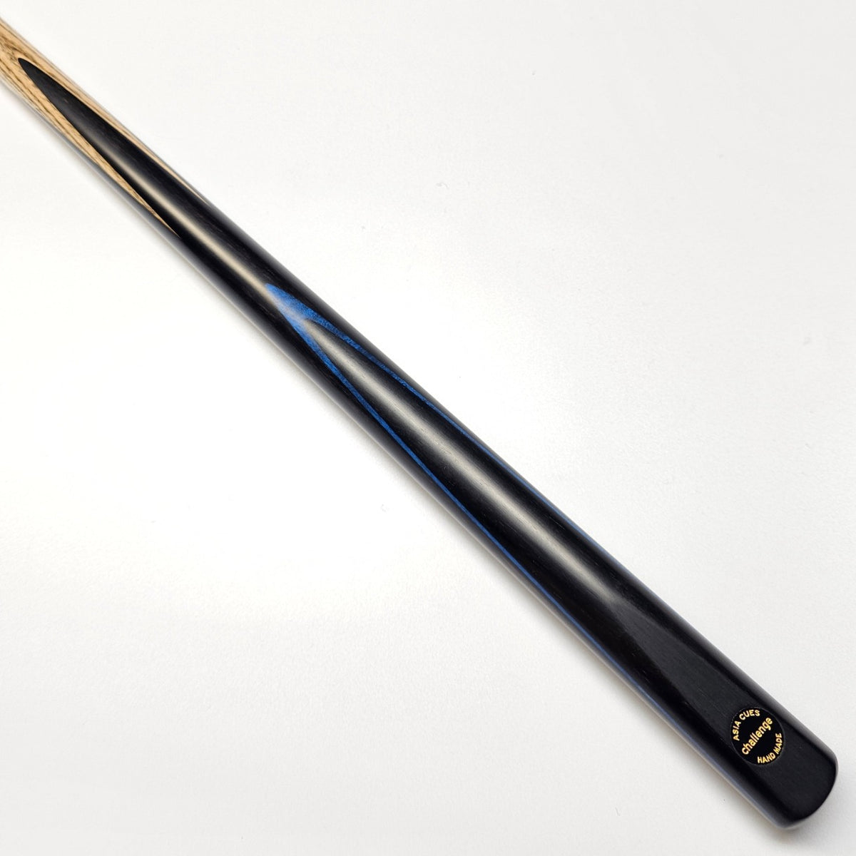 Asia Cues Challenge Range One Piece Cue Ash Shaft Ebony Butt with Blue Veneer. Shaft View