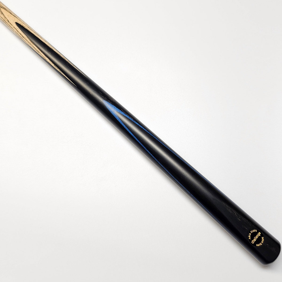 Asia Cues Challenge Range One Piece Cue Ash Shaft Ebony Butt with Blue Veneer. Butt View