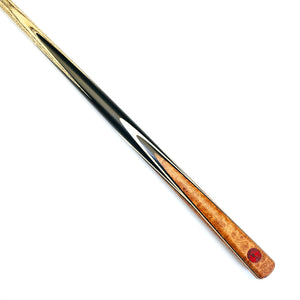Premium Cues ICON No.018 one piece snooker cue with ebony butt and Amboyna Burl splices, showcasing sleek craftsmanship for professional play.