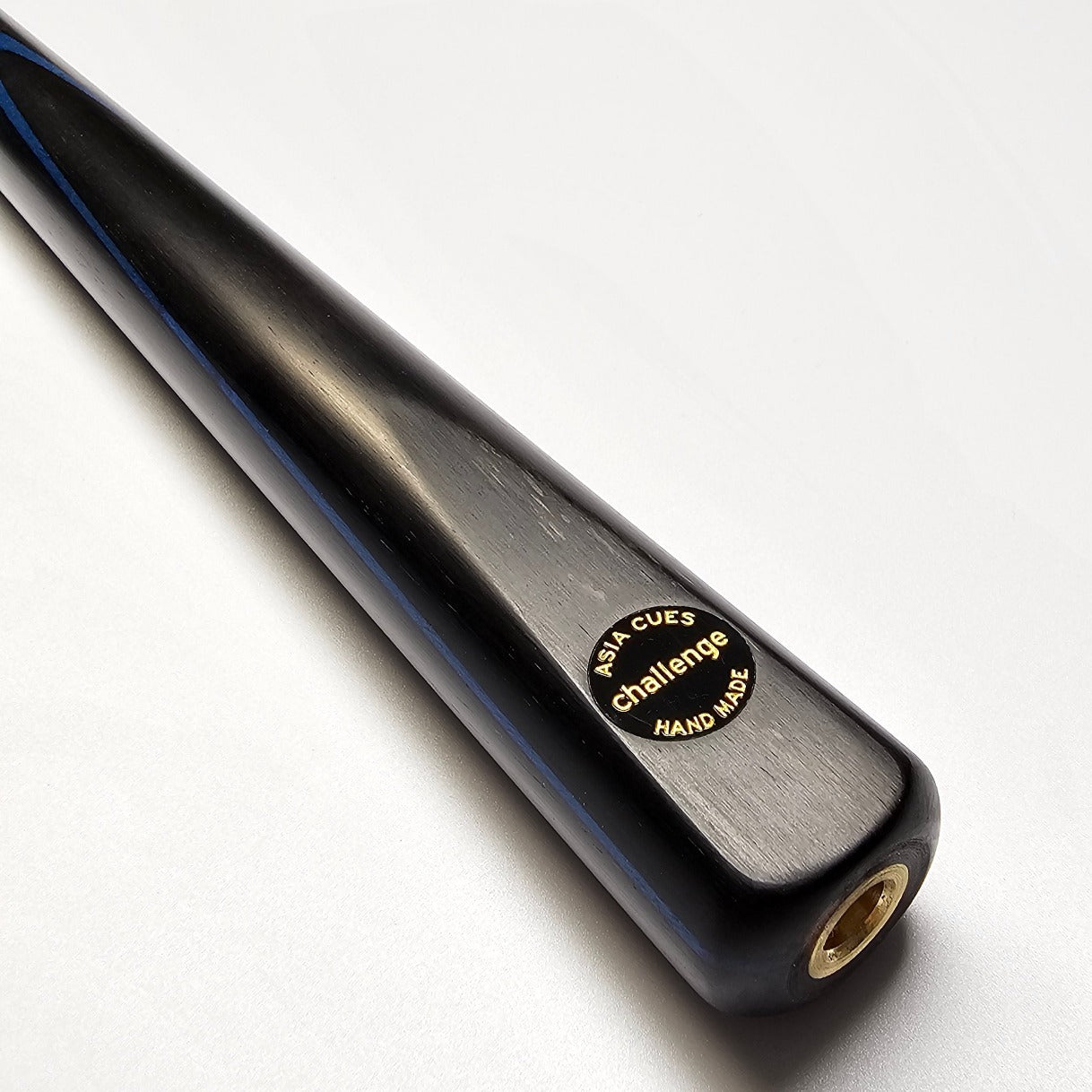 Asia Cues Challenge Range One Piece Cue Ash Shaft Ebony Butt with Blue Veneer. Badge View