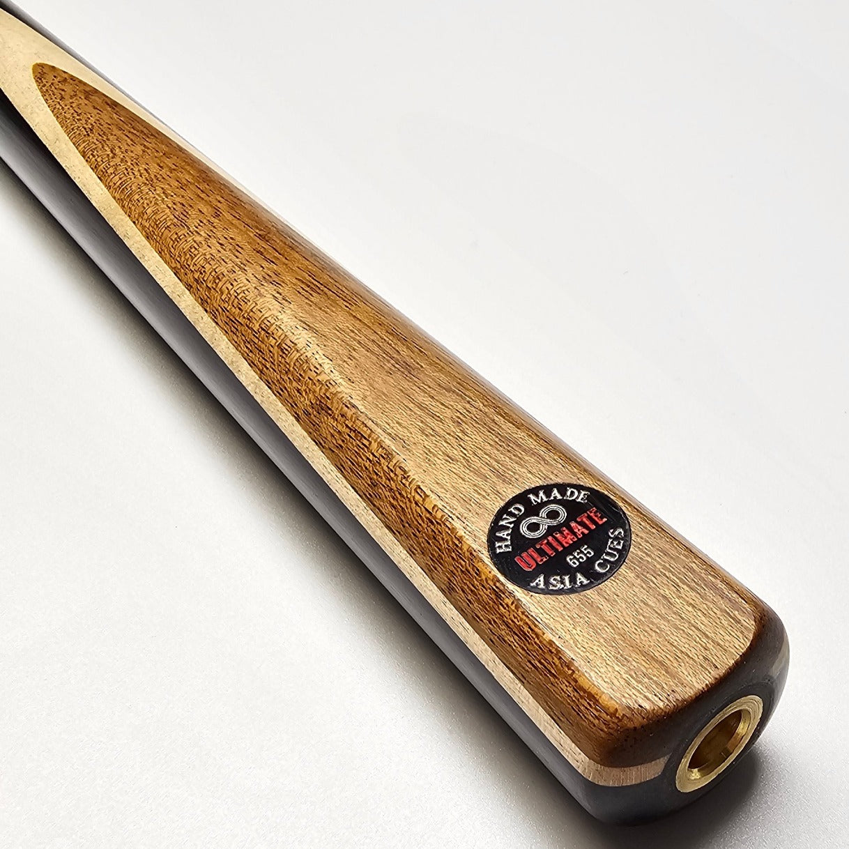 Asia Cues Ultimate No.655 - One Piece Snooker Cue  Handmade Ebony Butt with Ovangkol front splice and Thick Birdseye Maple Veneer. Badge View