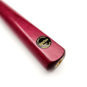 Close-up of Asia Cues Signature No.562 cue butt featuring engraved logo and polished purple heart wood, ideal for professional snooker players.