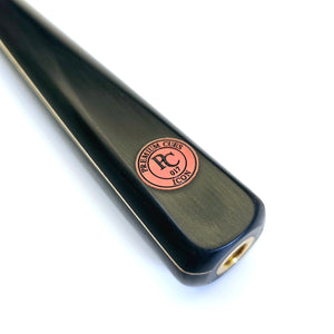 Close-up of Premium Cues ICON No.017 ebony butt with red PC ICON logo, highlighting the handmade detailing and smooth polish.