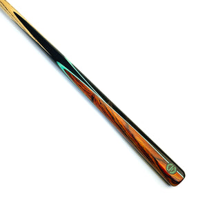 Prestige Cues Green Plate one piece snooker cue with Ebony butt, Ziricote and Cocobolo splices, and mint veneers, 57 inches long.