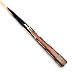 Asia Cues Support one piece snooker cue with 9.6mm tip, showcasing ebony butt, rosewood splices, and white veneers for premium design.
