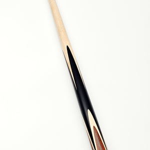 Full view of Asia Cues Support one piece snooker cue, 57.5 inches long with maple shaft and decorative ebony and rosewood butt.