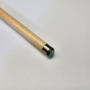 Close-up of Premium Cues ICON No.012 cue tip with titanium ferrule and green tip, engineered for professional snooker performance.