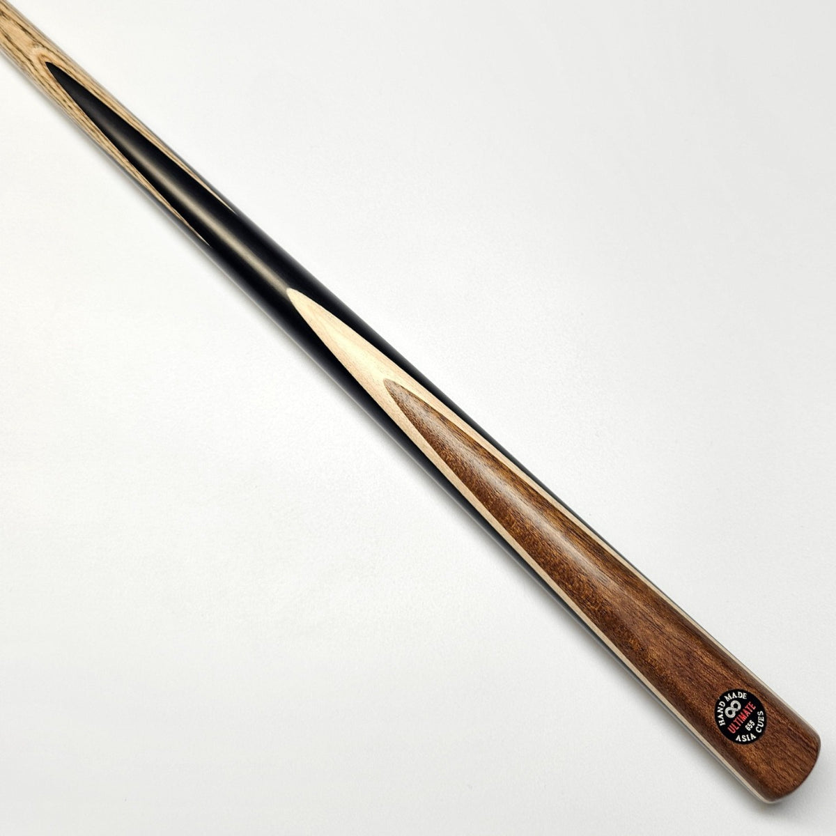 Asia Cues Ultimate No.655 - One Piece Snooker Cue  Handmade Ebony Butt with Ovangkol front splice and Thick Birdseye Maple Veneer. Butt View