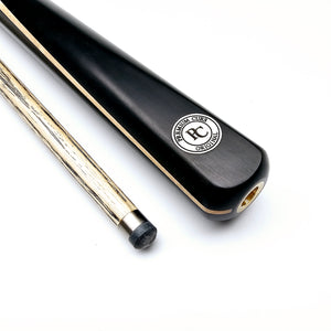 Tip and butt detail of Premium Cues Original Handmade Titanium Two Piece Snooker Cue featuring ash grain shaft and precision cue tip.