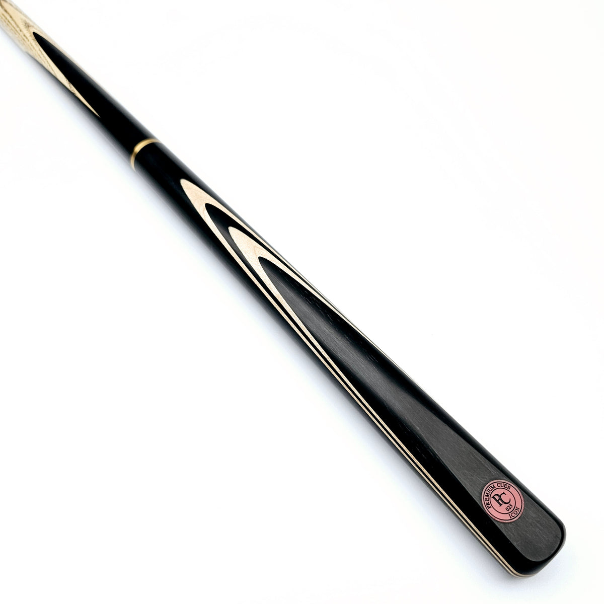 Premium Cues ICON No.025 3/4 jointed snooker cue with ebony butt and maple veneers, showcasing sleek black finish and 58-inch length.