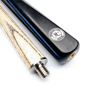 Close-up of Premium Cues Aspire 57" pool cue showing titanium joint and ebony butt with logo, ideal for 8 ball billiards enthusiasts.