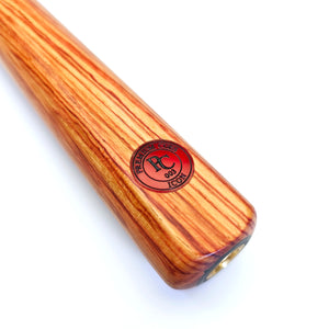 Close-up of Premium Cues ICON No.003 snooker cue butt showcasing the polished wood grain finish and engraved PC ICON logo.